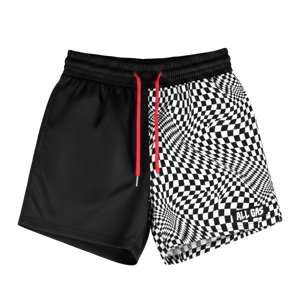 Black athletic shorts with a split design: one half is solid black, and the other half features a black-and-white optical illusion checkerboard pattern. A red drawstring is visible at the elastic waistband, and the brand name 'ALL GTS' is printed on the lower right hem.