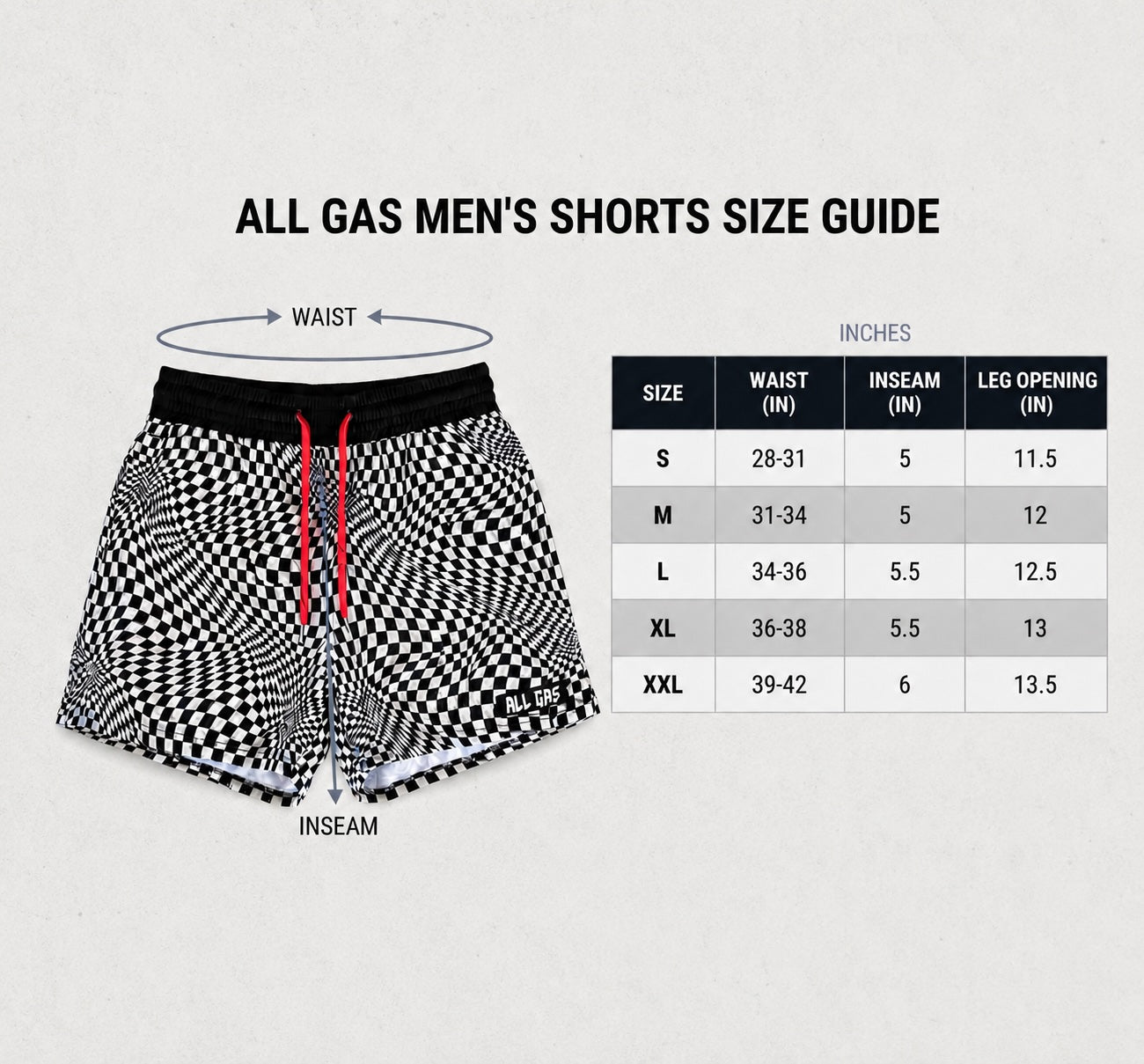 All Gas shorts size guide — waist, inseam, and leg opening in inches by size, S through XXL