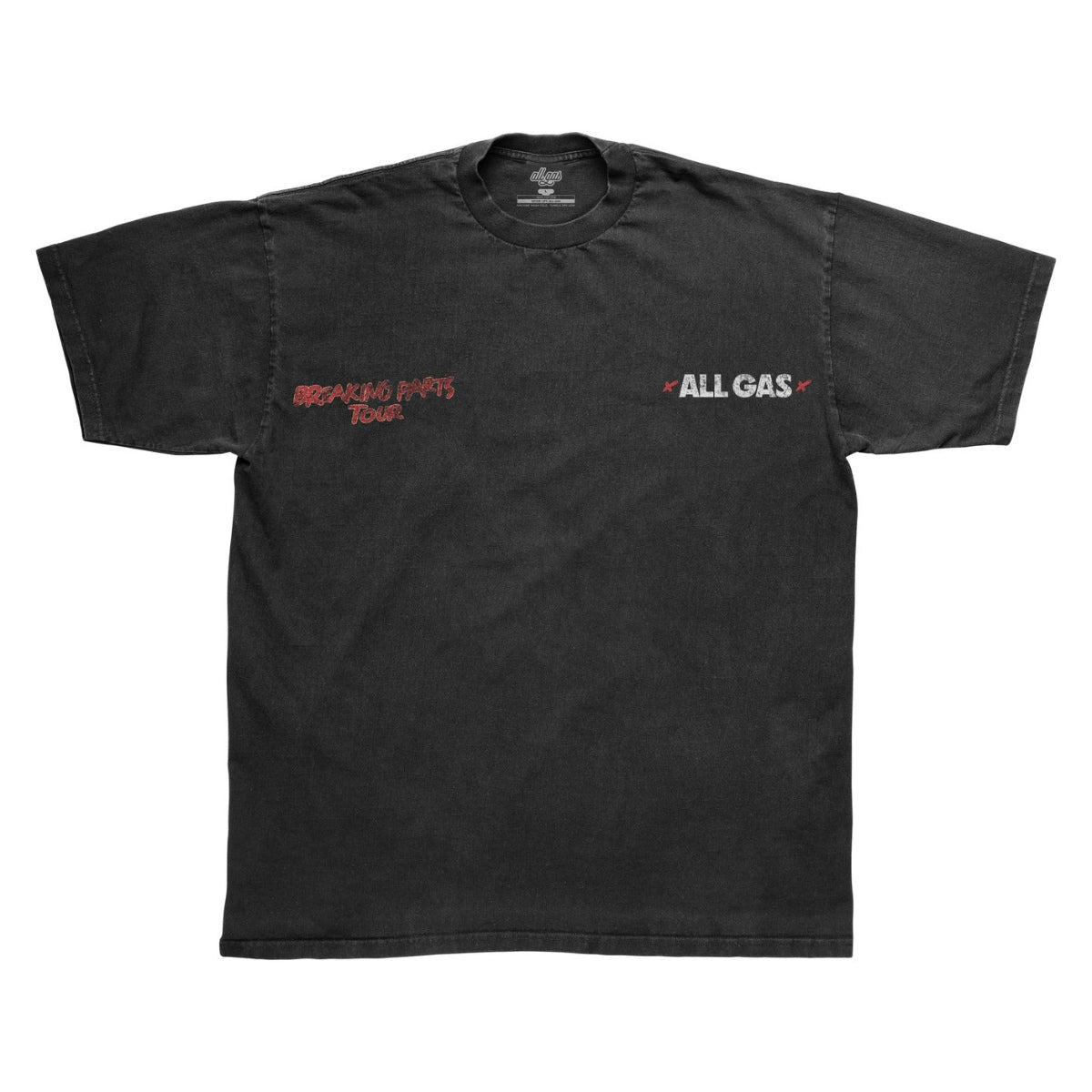 Black t-shirt with 'All Gas Breaking Parts Tour' text on the back, featuring race track names.