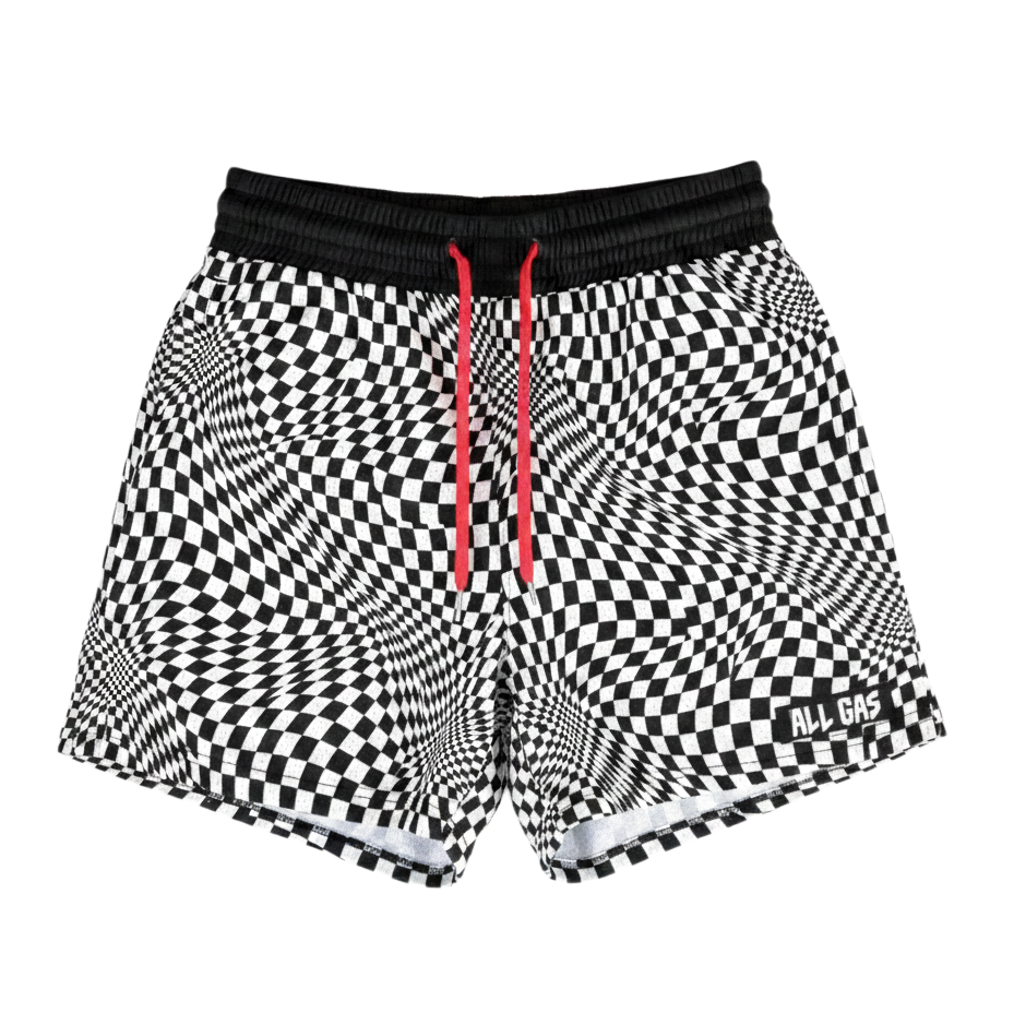 Checkered shorts with a black waistband and red drawstring on a white background
