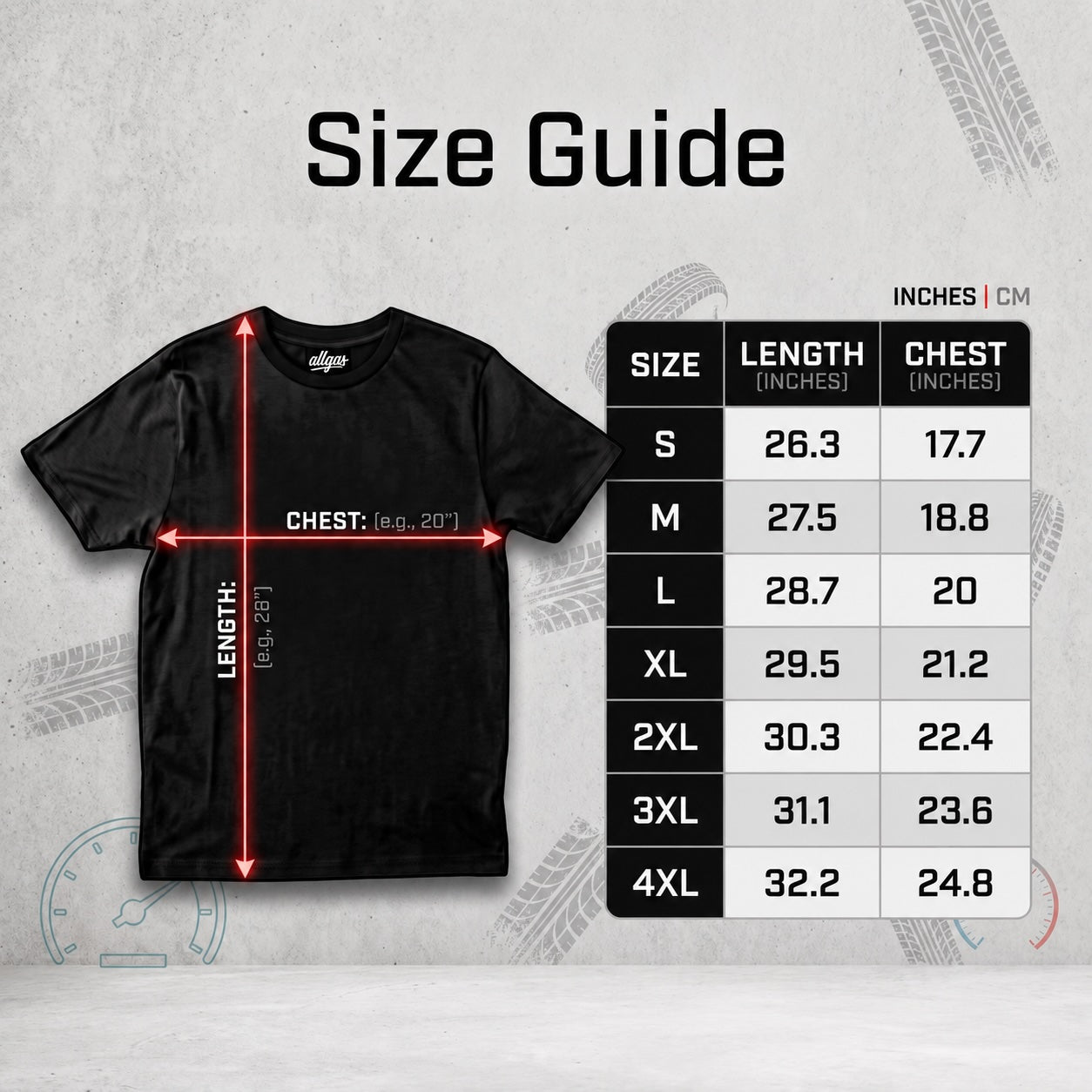 All Gas size guide — length and chest measurements in inches by size, S through 4XL